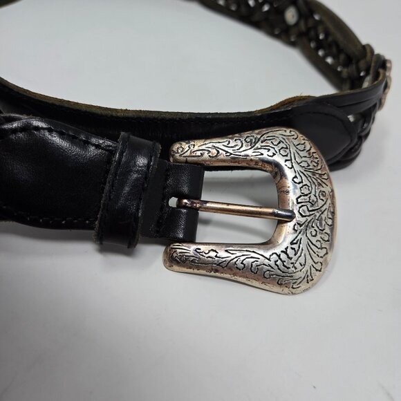 Fossil Braided Woven Black Leather Belt With Silver Accents & Western Buckle Des - Picture 5 of 6